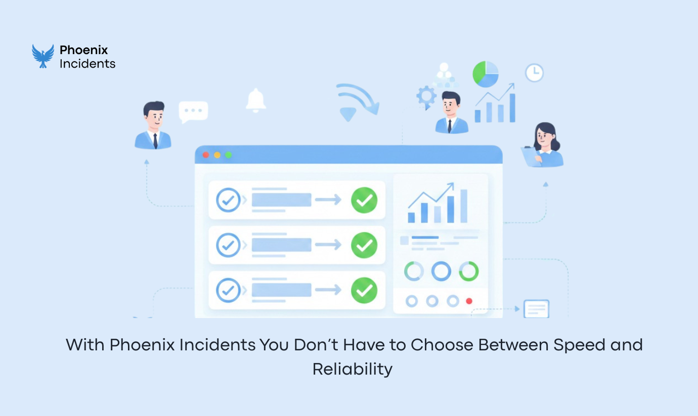 Phoenix Incidents interface showing completed task checklists and reliability analytics to prevent team burnout.