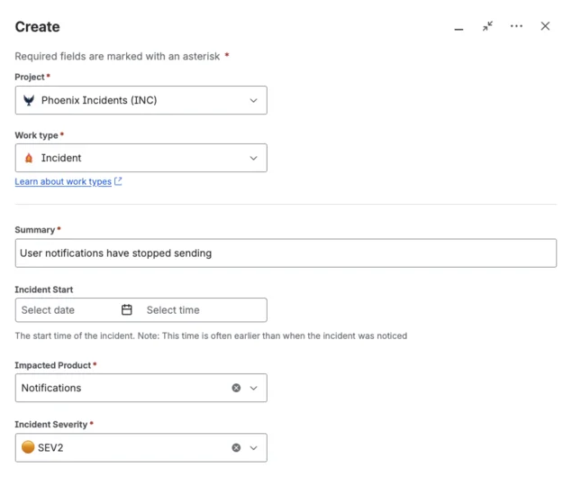 Incident Create Dialog in Jira