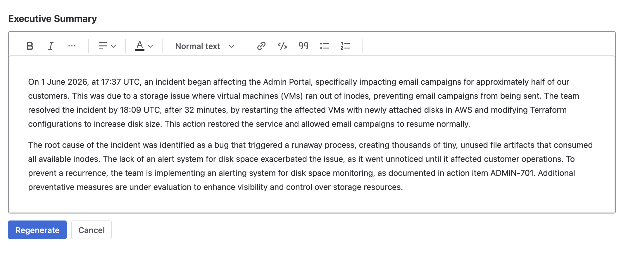AI-generated Executive Summary section in a completed Phoenix RCA in Jira