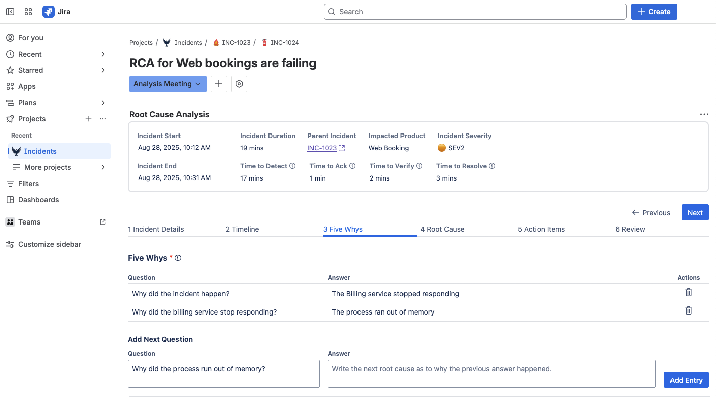 Phoenix Incidents guided RCA in Jira on the Five Whys step, showing a chain of why questions and answers plus the Incident Details, Timeline, Root Cause, Action Items, and Review steps