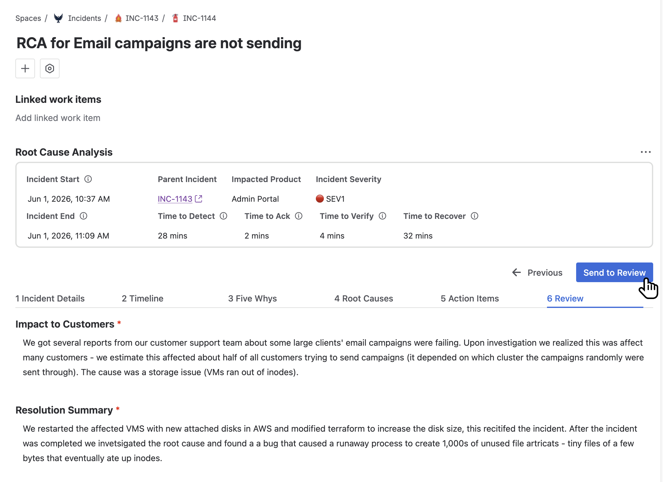 Phoenix RCA in Jira with the Send to Review button moving the document into the Review status
