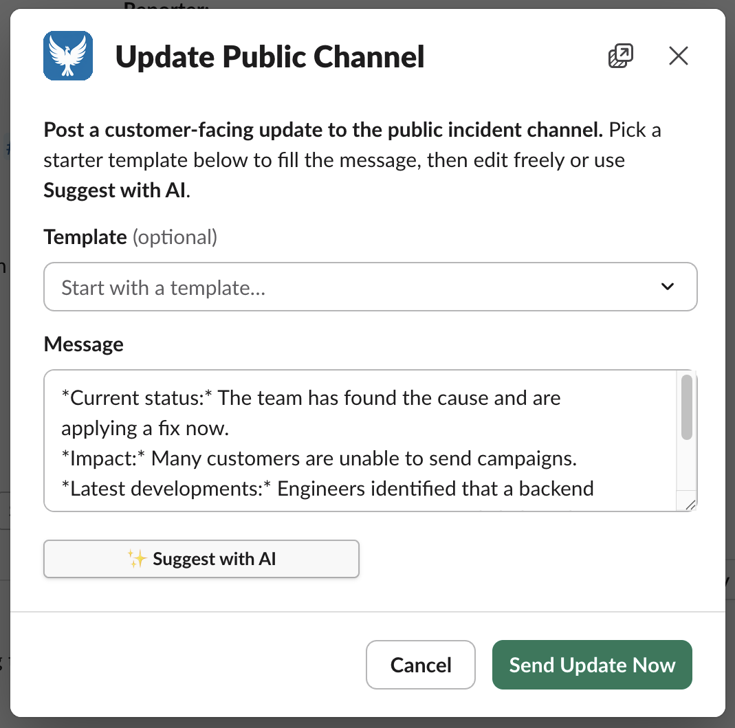 Send Update modal in Slack with the Suggest with AI button